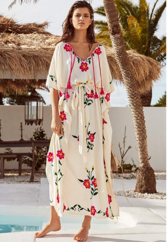 Ethnic Summer Women Oversized Ethnic Floral Embroidery Dress | Hippie Boho People Batwing Sleeves Maxi Robe Long Dress