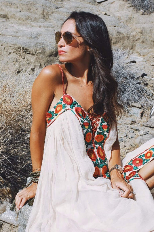 Cotton Boho Inspired Summer Maxi Dress | Spaghetti Strap Floral Embroidery | Sexy White Women's Dress | Hippie Chic Vestido Robes